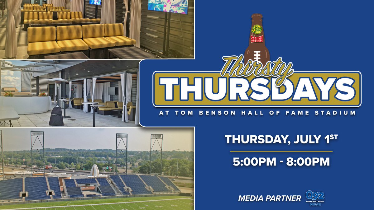HOFVillage's tweet photo. Announcing Thirsty Thursdays at Tom Benson Hall of Fame Stadium!

Thursday July 1 5pm-8pm 
Come join us for live music ,drinks, food and a view on the Sky Terrace!

Get your 🎟️ by clicking the link below:
https://t.co/hH3QVSBzXQ https://t.co/5l59Rvqvr1