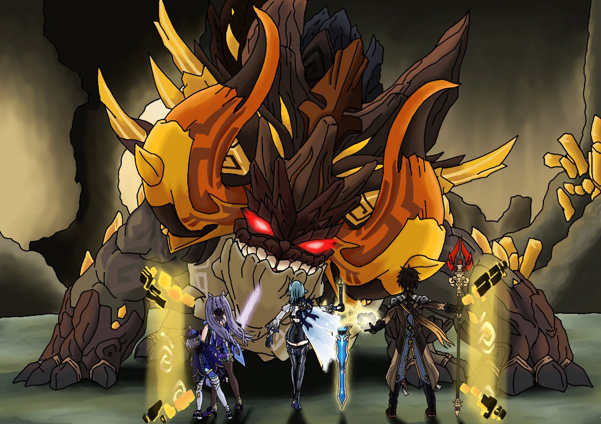 Kamui Kuroshi It S Time Morax We Settle This Now Genshinimpact Eula Keqing Zhongli Qiqi Eulalawrence Fanart Azhdaha Boss Fight Team Morax Rexlapis Liyue エウルア 刻晴 七七 原神 Clipstudiopaint Digitalart Mihoyo