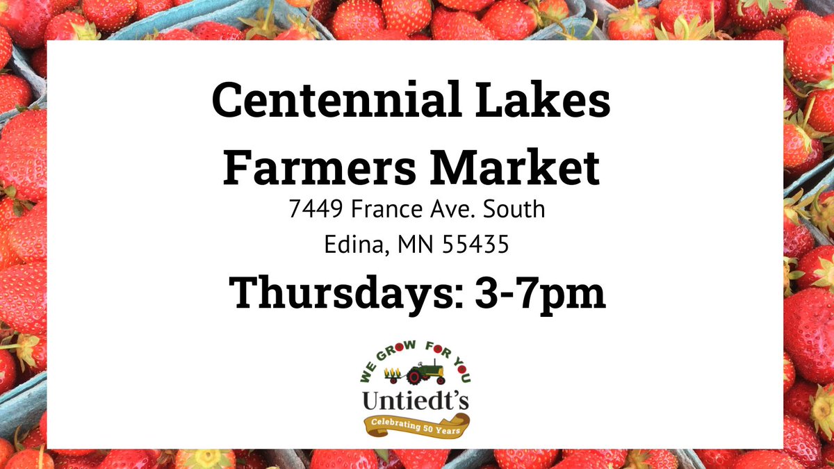 Looking for fresh-picked, homegrown strawberries? Visit us at the Centennial Lakes Farmers Market in Edina this afternoon from 3-7pm! #strawberries #farmersmarket #mngrown #shoplocal