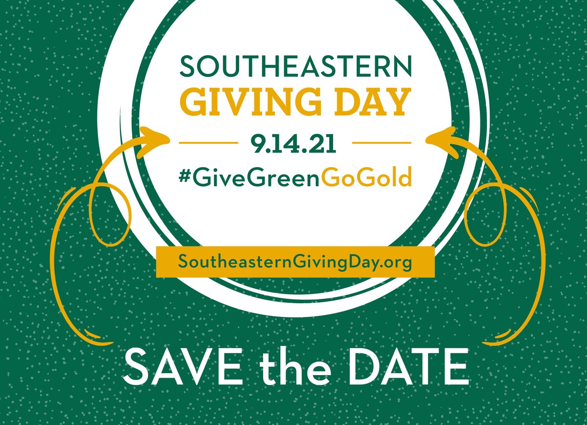 Southeastern Giving Day returns this year on September 14, Southeastern's 96th anniversary! Mark your calendar now to join us for 24 hours of coming together in support of OUR University. bit.ly/3q1mHp8 #GiveGreenGoGold
