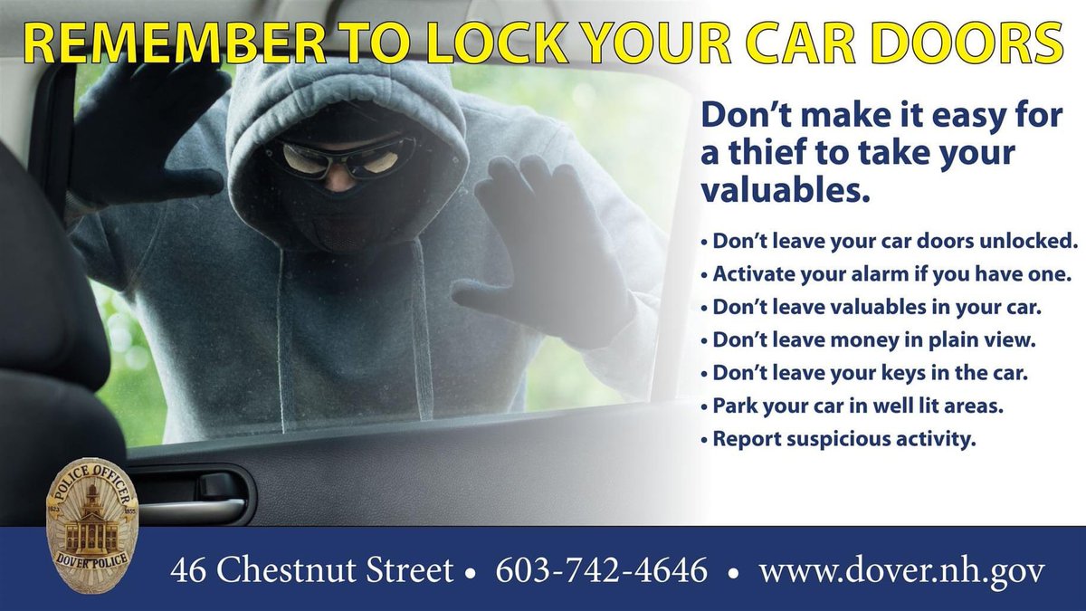 Since mid-May, DPD has responded to almost 30 theft reports. Nearly all of these thefts involved unlocked vehicles or unsecured bicycles. Please lock your car doors as this is clearly the primary deterrent to theft. Residents can also register their bikes free of charge at DPD.