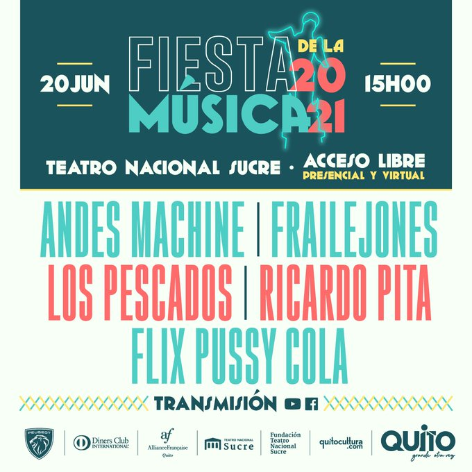 AntisanaNews's tweet photo. #Quito | Vuelve la música en medio de la pandemia
Festiva de la Música 2021, en el Teatro Nacional Sucre, 20 de junio, acceso libre presencial y virtual.
Participarán las bandas:
@ricardopita1979
@frailejones_ec
#AndesMachine
@lospescadosrock
#FlyxPussyCola https://t.co/ZRkOQ68oHw