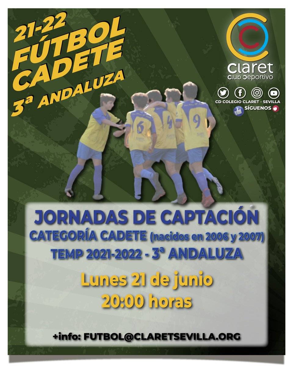 CDClaretSev's tweet photo. ¡¡ATENCIÓN‼️

Jornadas de captación para nuestros equipos ascendidos de fútbol:

⚽️⚽️⚽️⚽️

🗓 Lunes 21 de junio:
📍2ª Andaluza Infantil 
⏰18:30 h

📍3ª Andaluza Cadete
⏰ 20:00 h

#vamosclaret💛💙 
#temp21/22 https://t.co/ghl7yO0dug