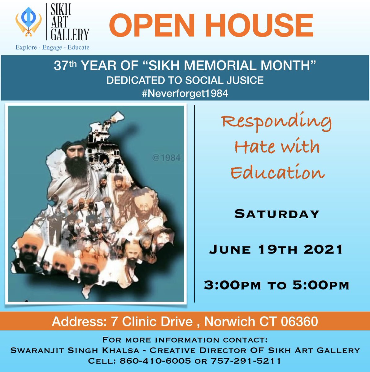 Feel free to stop by for more information on “June - Sikh Memorial Month”.

This Saturday June 19th 2021 from 3pm to 5pm.

Venue : <a href="/SikhArtGallery/">Sikh Art Gallery</a>