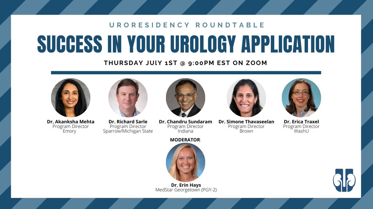 It’s time ⏰ for our second UR Roundtable of the year 🎉 

The topic is “Success in Your Urology Application” ✍️ and we have an outstanding panel of Program Directors sharing their advice 🌟 

When: Thursday July 1st at 9:00PM EST 🗓

Registration: eventbrite.com/e/159941488297