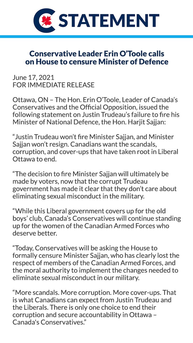 erinotoole's tweet photo. Justin Trudeau won’t fire Minister Sajjan, and Minister Sajjan won’t resign. Canadians want the scandals, corruption, and cover-ups that have taken root in Liberal Ottawa to end. https://t.co/tbZkrqydts