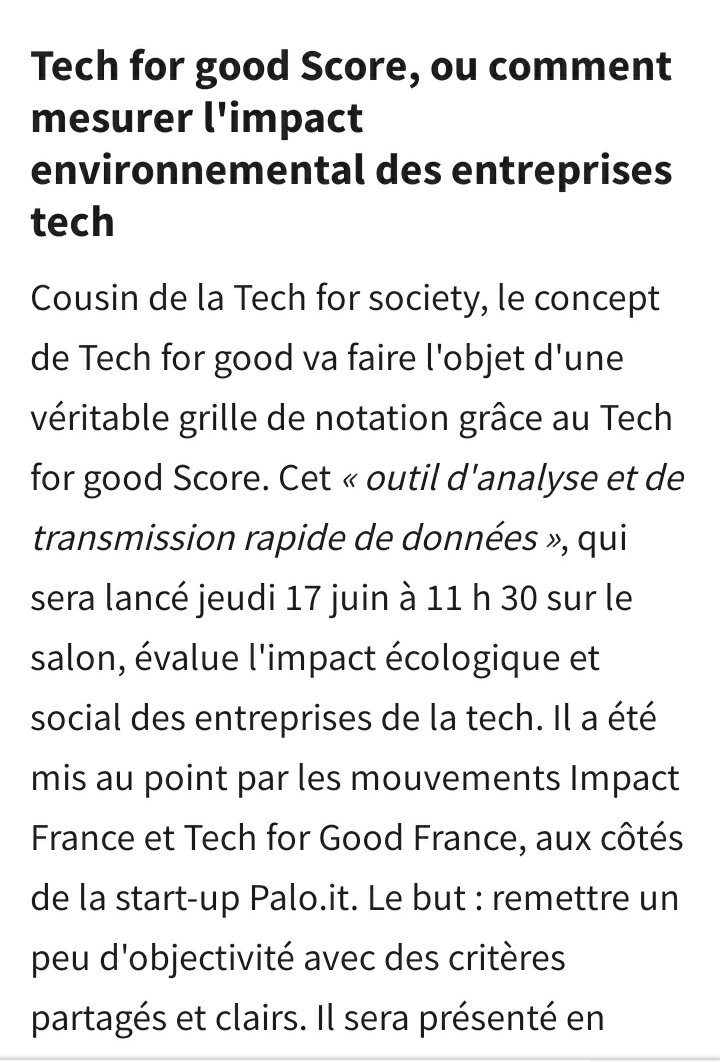 Tech_for_goodfr's tweet photo. Parmi les innovations phares de #VivaTech, le #TechForGoodScore, la plateforme qui dévoile l'impact de la tech !

#techforgood #ViVAtech2021 ##ViVAtech2021 #impactscore https://t.co/RxaWaxWhZD