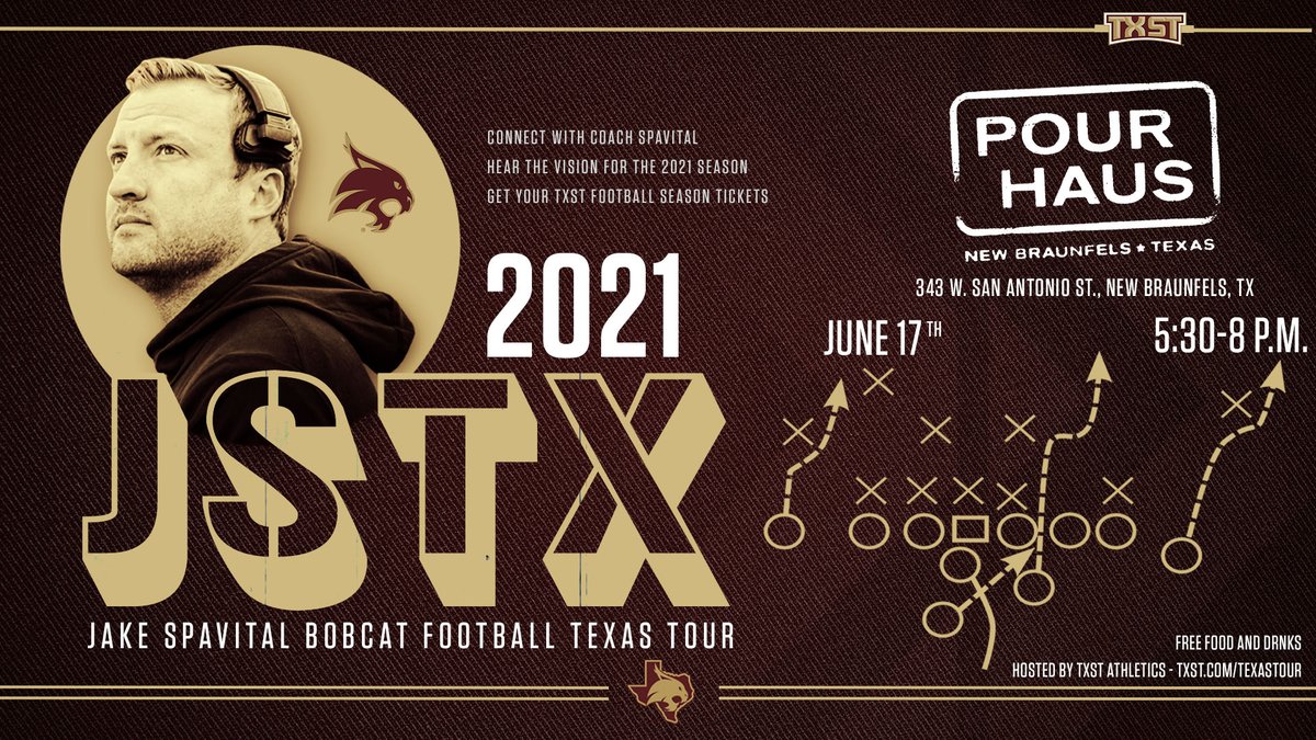 TxStateBobcats's tweet photo. Today is the day! The Jake Spavital Texas Tour is headed to @pourhausnb. Come hang out and talk π with @TXSTATEFOOTBALL head coach @JakeSpavital! The event is free and open to the public. Get the details and downloadable schedule at https://t.co/MWWRO6nF9X. #EatEmUp #JSTX https://t.co/9Rxyr6AxbI
