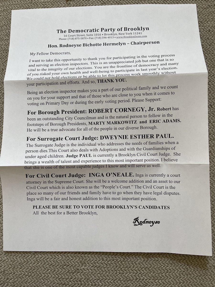 Hearing that this letter was sent to all Brooklyn Dem Poll workers. 

Let’s set the record straight: <a href="/bkdems/">Kings County Democratic County Committee</a> did NOT officially endorse in the BK BP race. This notice is misleading and an abuse of power on the part of the BK Dems Chair.