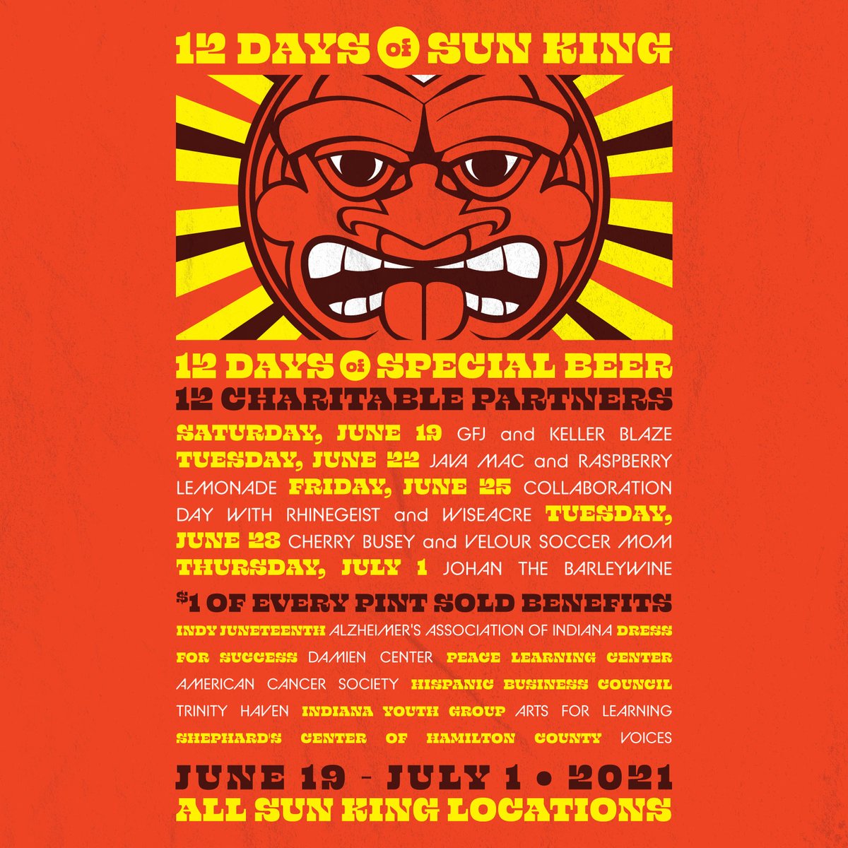 SunKingBrewing's tweet photo. We're turning 12 on 7/1!  

Over the past 12 years, we have been dedicated to giving back to our community. For 12 Days of Sun King Community Giveback, $1 per pint will be donated to the selected 12 charities to assist with funding and outreach. 

#sunkingbrewery #12DaysofSunKing https://t.co/ZJlXDslvKw
