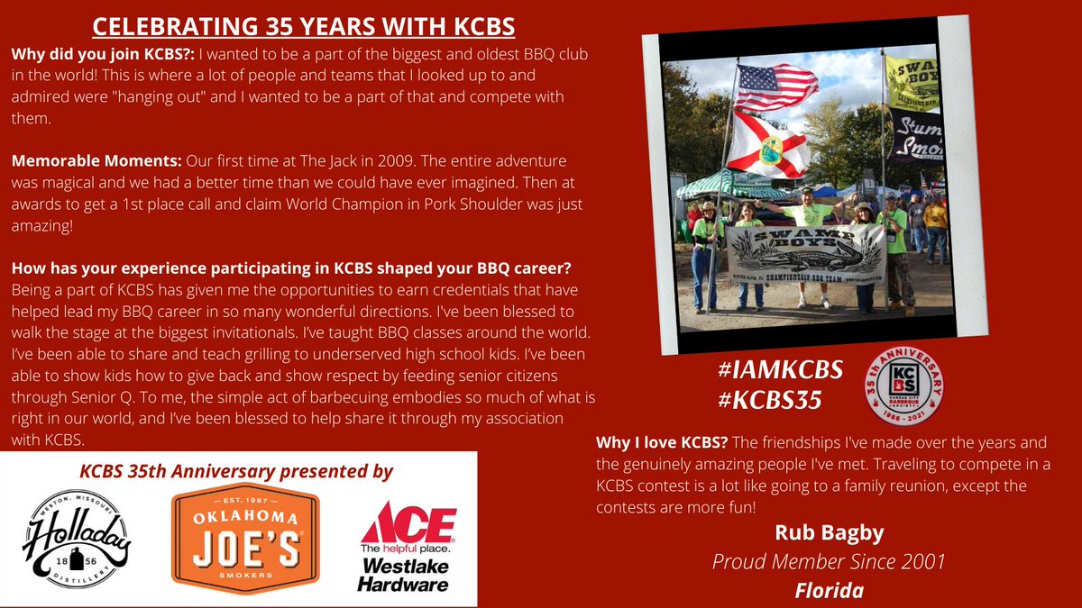 We are excited to be celebrating 35 years of teaching, preserving and promoting barbeque as America's cuisine. This week we are featuring KCBS Member and Pitmaster, Rub Bagby of Swamp Boys.
#IAMKCBS #KCBS35 <a href="/Holladay1856/">Holladay Distillery</a> <a href="/360vodka/">360Vodka</a> <a href="/OklahomaJoes/">Oklahoma Joe's</a> <a href="/WestlakeAce/">Westlake Hardware</a>