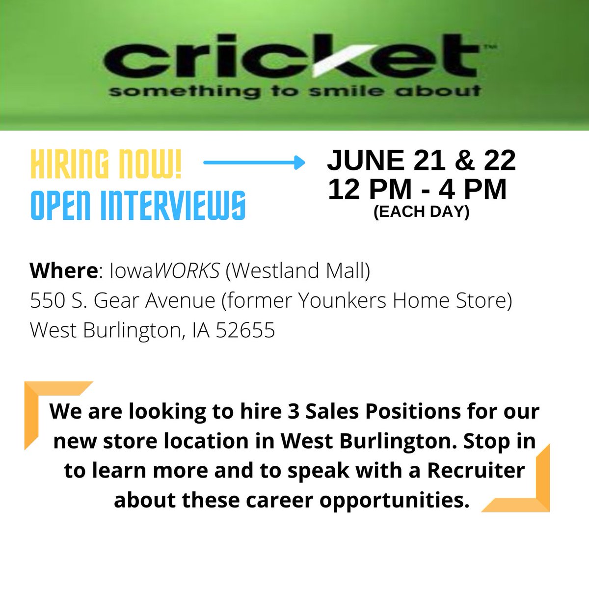 👀 for a career in Sales? Then don't miss out on this Open Interview event with #CricketWireless👇June 21 &amp; 22nd <a href="/IowaWORKS/">IowaWORKS</a> (Burlington)