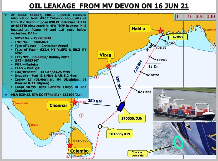 हल्दिया जाने वाले पुर्तगाली फ्लैग कंटेनर जहाज से तेल रिसाव की सूचना पर भारतीय तटरक्षक अलर्ट पर
