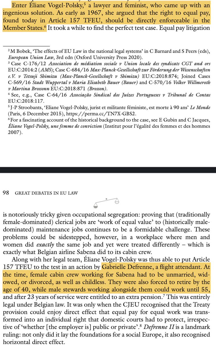 JeremiasPrassl's tweet photo. Can you bring 🇪🇺 claims against private individuals? Debates as to #horizontality have raged for decades & there’s no end in sight, so we’ve dedicated a whole 📖 to the issue. Meet Éliane Vogel-Polsky & Gabrielle Defrenne 👩✈, who took 🛫 @fly_sabena to court – and won! https://t.co/15APLkO6lj
