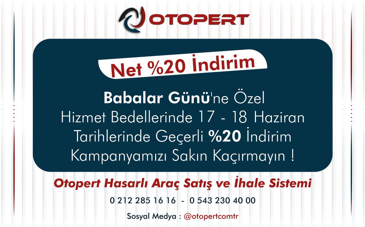 Net %20 İndirim. Babalar Günü'ne Özel hizmet bedellerinde 17-18 Haziran tarihlerinde geçerli %20 indirim kampanyamızı sakın kaçırmayın!

#hasarlıarac #hasarliotopazari #hasar #hasarlı #pertliarac #kazaliarac #hasarkaydı #tramersorgusu #kazalar