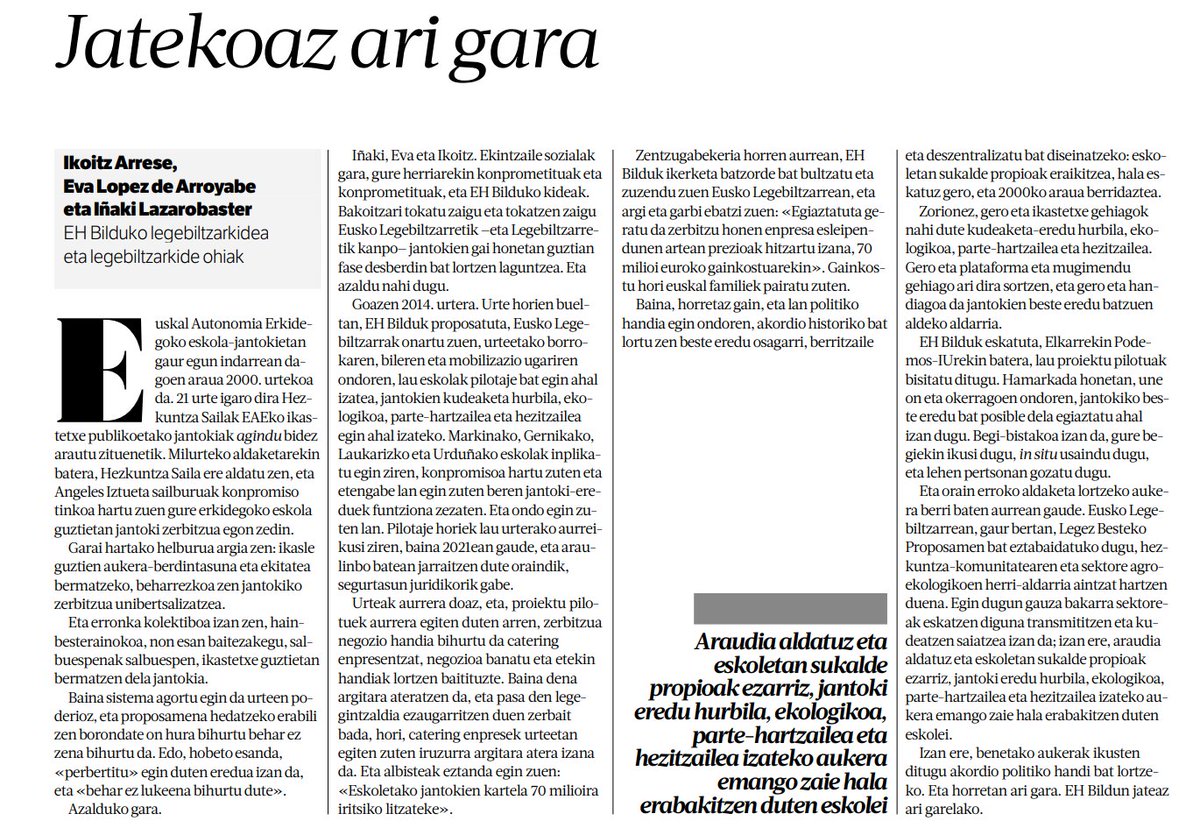ik0itz's tweet photo. #JantokitikJangelara salto egiteko urrats asko eman ditugu @ehbildu-n.
Horren inguruan idatzi dugu @ilazarobaster, @ArroyabeEva eta hirurok.

(@berria bidez) https://t.co/ENzJGNvn4Y