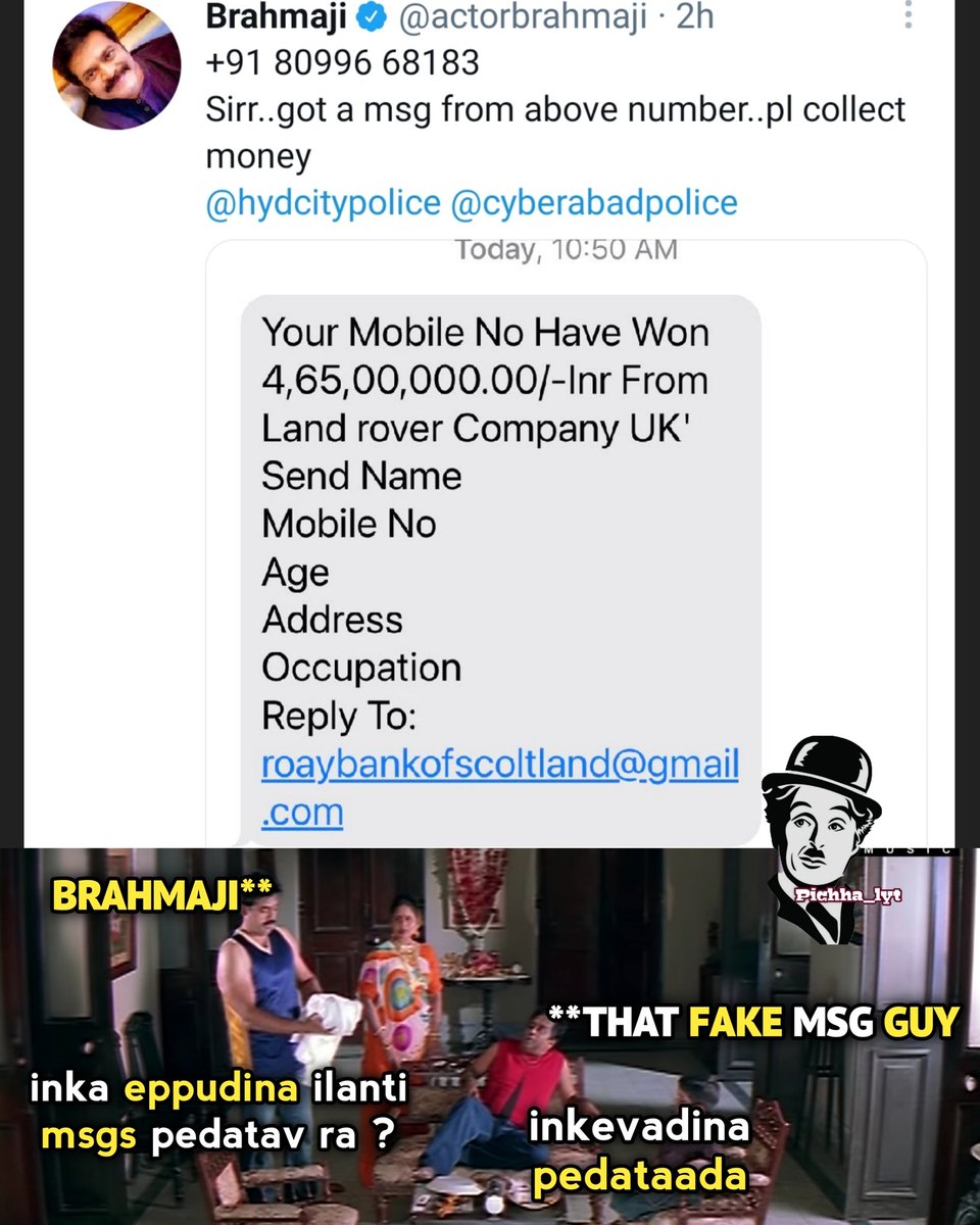 pichhalyt's tweet photo. @actorbrahmaji @hydcitypolice @cyberabadpolice Super sir 😂😂🔥 https://t.co/6Ay6EPMGXi