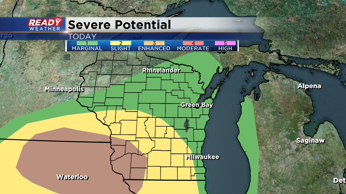 Western Wisconsin and parts of Iowa and Minnesota have been upgraded to an enhanced risk for severe weather (level 3 of 5). Our local counties are in a slight or marginal risk. Main chance for severe weather here will be after 7 PM. #readywx https://t.co/HKUSPlRetu