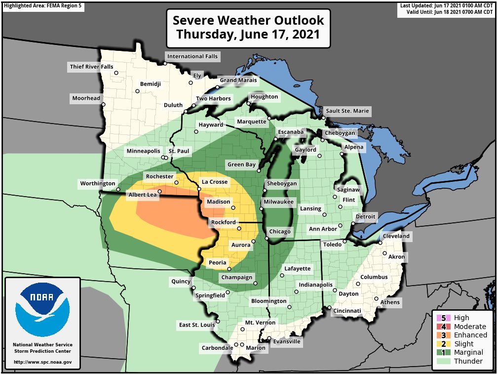 An ENHANCED RISK for severe weather (level 3/5) has been issued for TODAY across N Iowa, extreme S Minnesota, and SW Wisconsin, with a Slight Risk also across NW Illinois. Very large hail, significant severe winds, and a few tornadoes all possible! #MNwx #IAwx #ILwx #WIwx https://t.co/MTplrMWNZ8