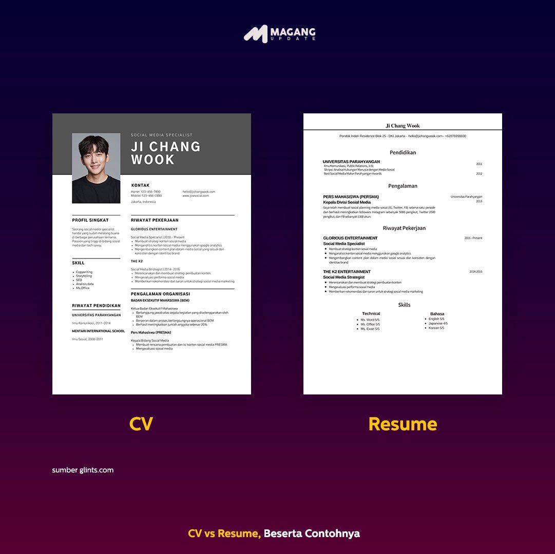 MagangUpdate's tweet photo. Yuk, simak #infoMUdah kali ini untuk menambah #PengetahuanMU tentang “CV vs Resume, Beserta Contohnya” bersama MagangUpdate!
#magang #magangupdate #internship #magangjakarta #magangjkt #magangid #magangindonesia #infomagang #sukses #magangonline #intern #job #cv #resume https://t.co/kBCsOcyy9m