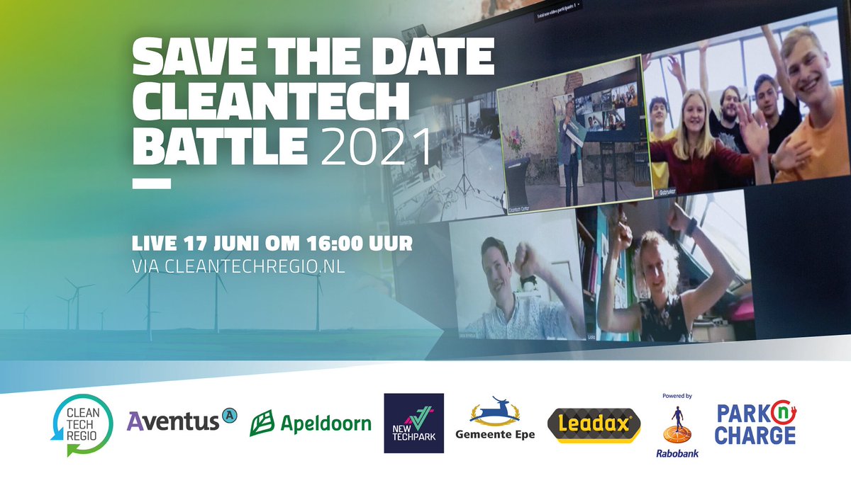 NewTechPark055's tweet photo. Vanmiddag is het zover: de finale van de Cleantech Battle 2021! Vijf studenten(teams) van Saxion, Aventus en de HAN strijden met hun innovatieve ideeën op het gebied van schone technologie om de titel. De finale is vanmiddag om 16:00 uur live te volgen via https://t.co/kp557hLmiV https://t.co/yfiBs5cBkm