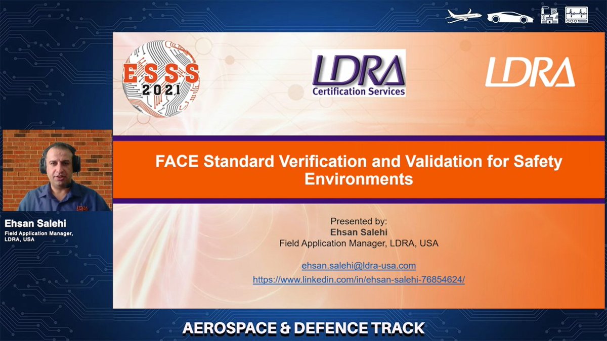 ESSSUMMIT's tweet photo. A&D TRACK | Ehsan Salehi from LDRA Limited is LIVE NOW talking on FACE Standard #Verification and
#Validation for #Safety Environments.
REGISTER - https://t.co/GZmgV2knTp
LOGIN - https://t.co/w7fKwwXyb2
#esss21virtual https://t.co/rGuJaIzQgX