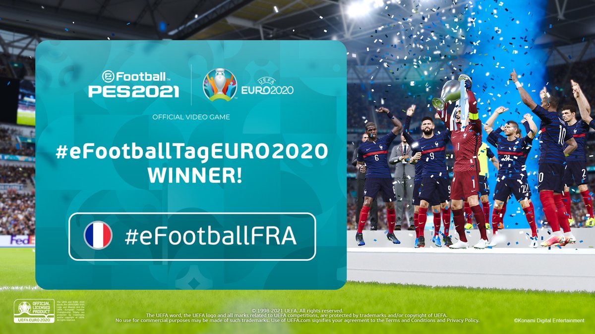 play_eFootball's tweet photo. Your posts have been counted, and we have an #eFootballTagEURO2020 winning nation. They are...

FRANCE! 🎉👑

PLUS, we're happy to report that all players will receive 100,000GP on 21st June. 🙌 https://t.co/mGUxiYtCVK