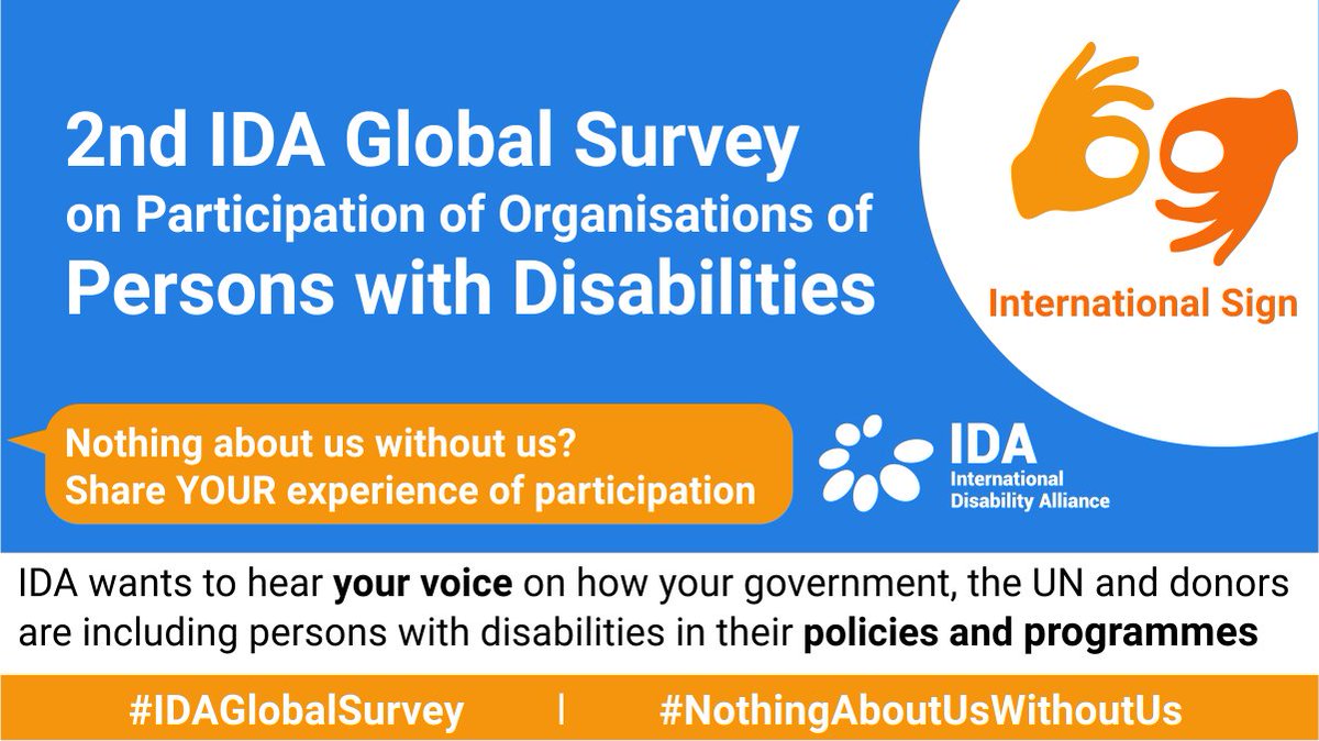 #NothingAboutUsWithoutUs? Are the commitments to involve organisations of persons with disabilities in decision-making realised? Share YOUR experience of participation, what works, what does not, what should be improved
Fill out the 2nd #IDAGlobalSurvey at idata.tools/survey/idaglob…