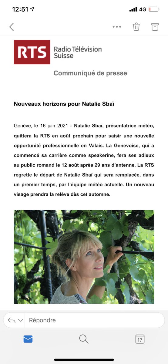 Natalie Sbaï s’en va vers un nouveau job en Valais et c’est une très grande perte pour la <a href="/RadioTeleSuisse/">RTS</a> &amp; le <a href="/19h30RTS/">Le 19h30 de la RTS (compte archivé)</a>. Pour le Valais, c’est le transfert du siècle.