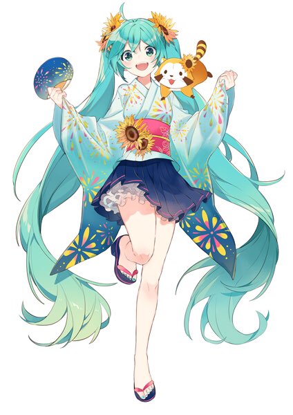 初音ミク「フリューより【初音ミク×ラスカル】コラボの「サマーフェス」にて以前描いたミクちゃ」|おむたつのイラスト