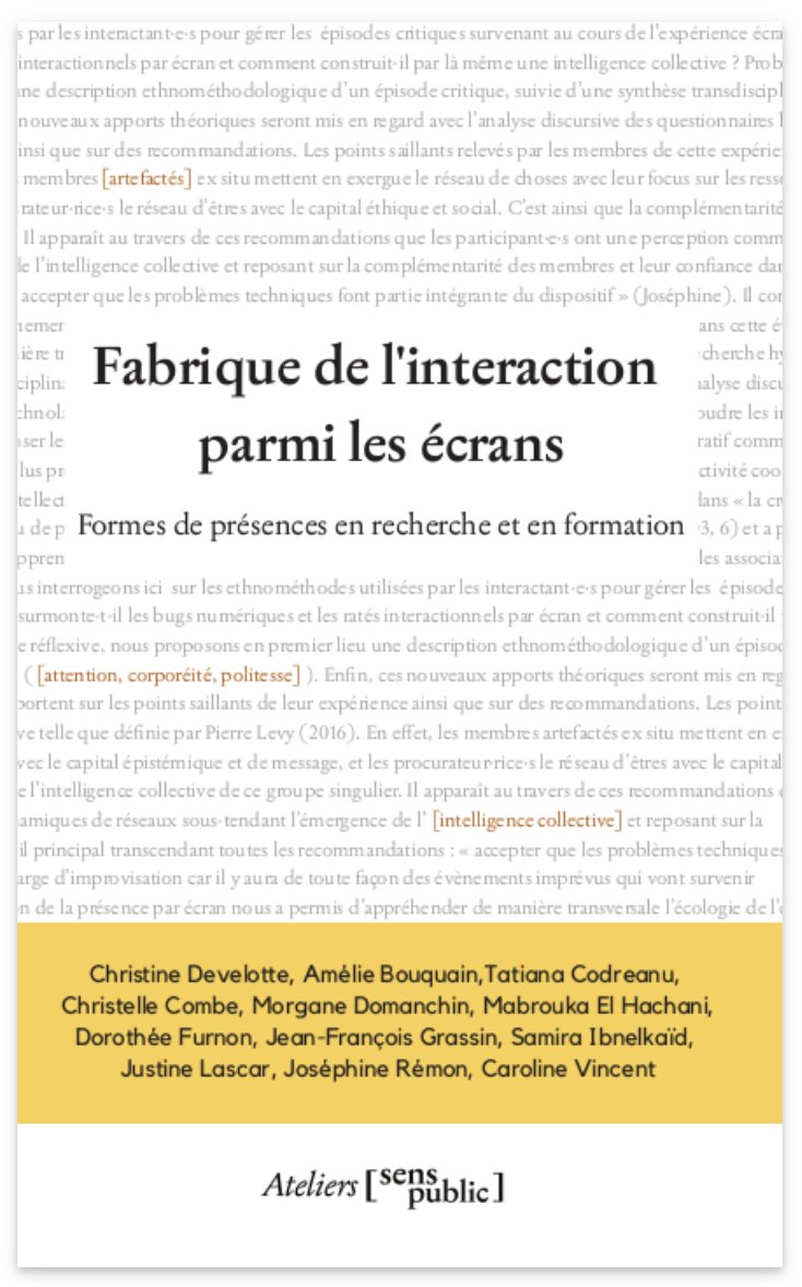 📣 Parution en accès ouvert 📚
Le fruit de ma plus belle expérience de recherche vient de paraitre : un ouvrage collaboratif avec 12 chercheur·ses débuté en 2016 mais qui arrive en pleine cohérence avec l'actualité
#interactions #écrans #présence #hybride
ateliers.sens-public.org/fabrique-de-l-…