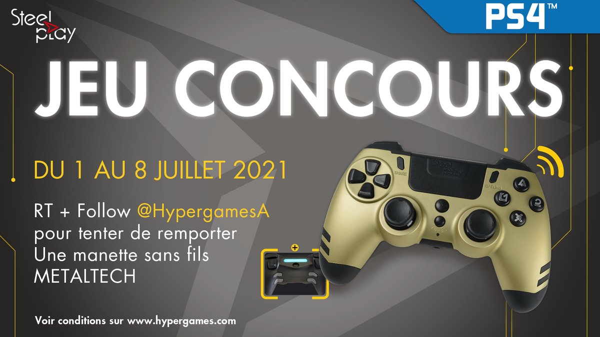 #Concours 🔥
Tentez de remporter 1 manette Metaltech PS4 Or.
Au total 4 gagnants.
Pour participer :
✔️Follow <a href="/HypergamesA/">Hypergames Auchan</a>
✔️RT le tweet
TAS le 08/07 à 17h
👉