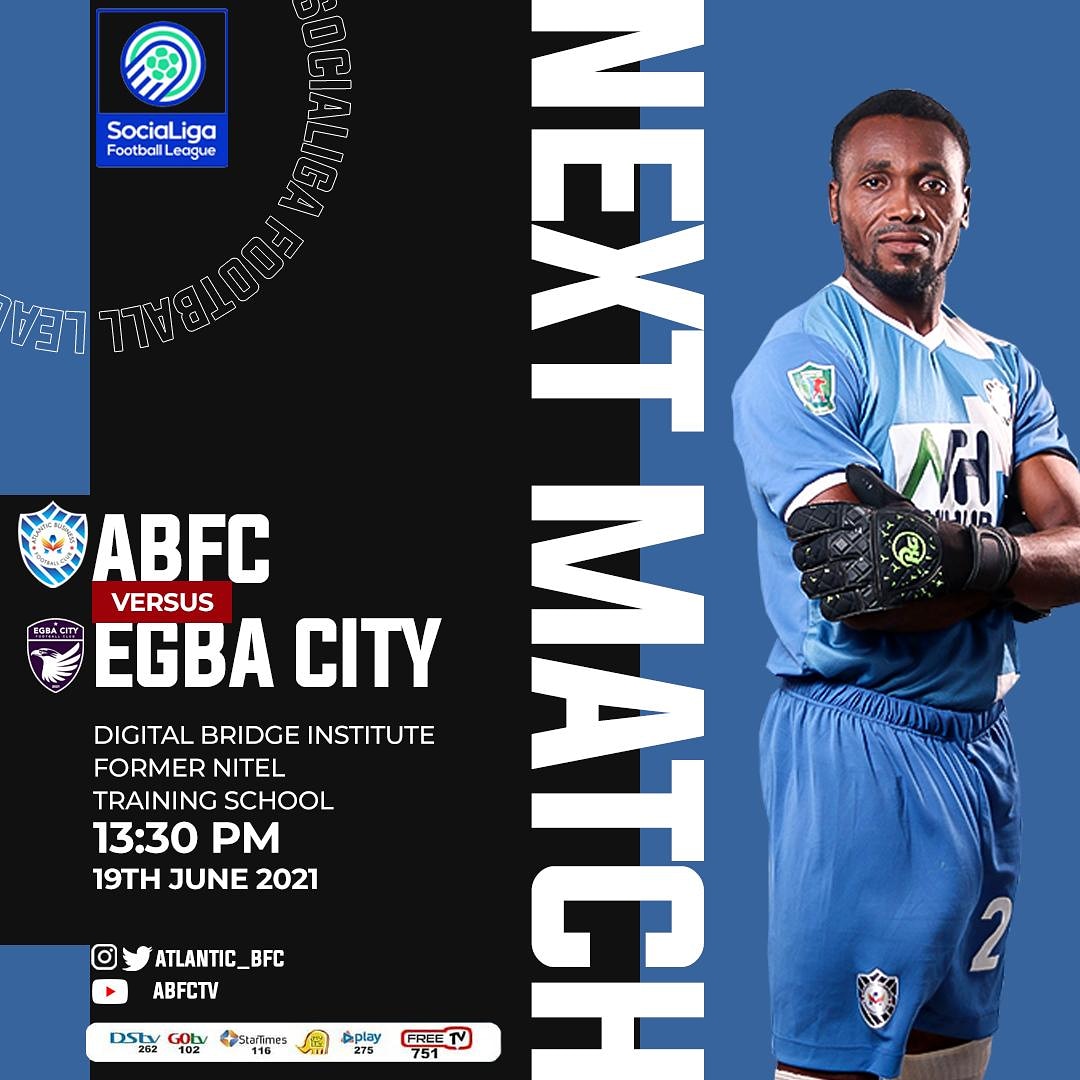 Atlantic Business FC (@atlantic_bfc) on Twitter photo 2 days to go to our next match against <a href="/egbacityfc/">Egba City FC</a> at the <a href="/socialigafl/">SociaLiga Football League</a> .
We can't wait to have the boys back in action.
#weareabfc #Godsownteam #shieldofafrica #pepperdem #SociaLiga #LigaSFL 2 days to go to our next match against <a href="/egbacityfc/">Egba City FC</a> at the <a href="/socialigafl/">SociaLiga Football League</a> .
We can't wait to have the boys back in action.
#weareabfc #Godsownteam #shieldofafrica #pepperdem #SociaLiga #LigaSFL