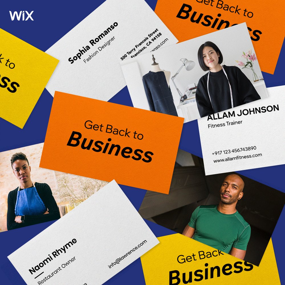Scattered business cards, business owner portraits, and cards that say "Get Back to Business."