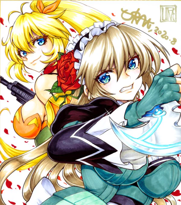 今日の色紙278日目
魔法少女特殊戦あすか
ラプチャー☆あすか&amp;ジャストコーズ☆ミア
武器描くの難しかったな～
#描いた色紙なるべく毎日アップする #コピック #アナログ絵 #魔法少女特殊戦あすか 