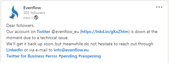 lef_mamais's tweet photo. Dear followers of Evenflow! Our Twitter account is temporarily down due to a technical issue. It should be back soon. Reach out to us, myself or @dimitri_evf, or connect with us on LinkedIn if you have not done it already! https://t.co/YW9Jn10T1k https://t.co/AkvW4Fy8aq
