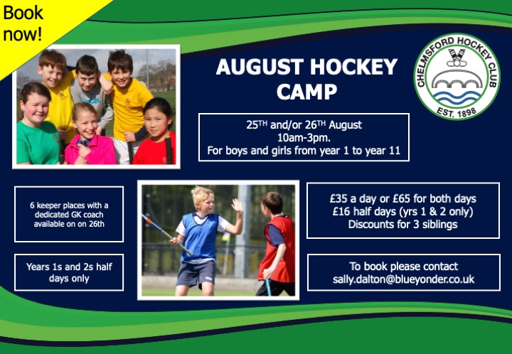 Junior camp 25th &amp;/or 26th August. Yrs 1-11. Yrs 1&amp;2 half days only. Non members very welcome! Coaches Welsh Int <a href="/JoWestwood1/">Jo Westwood</a>, Coach developer <a href="/SamBeveridge/">Sam Beveridge</a> &amp; L1s coach Asif Rais. Book here! fixtures.chelmsfordhc.org.uk/summercamp <a href="/BasildonHockey/">BasildonHockeyClub</a> <a href="/SouthendHockeyC/">Southend Hockey Club</a> <a href="/SouthendianHC/">Old Southendian HC</a> <a href="/UpminsterHC/">Upminster Hockey Club</a>