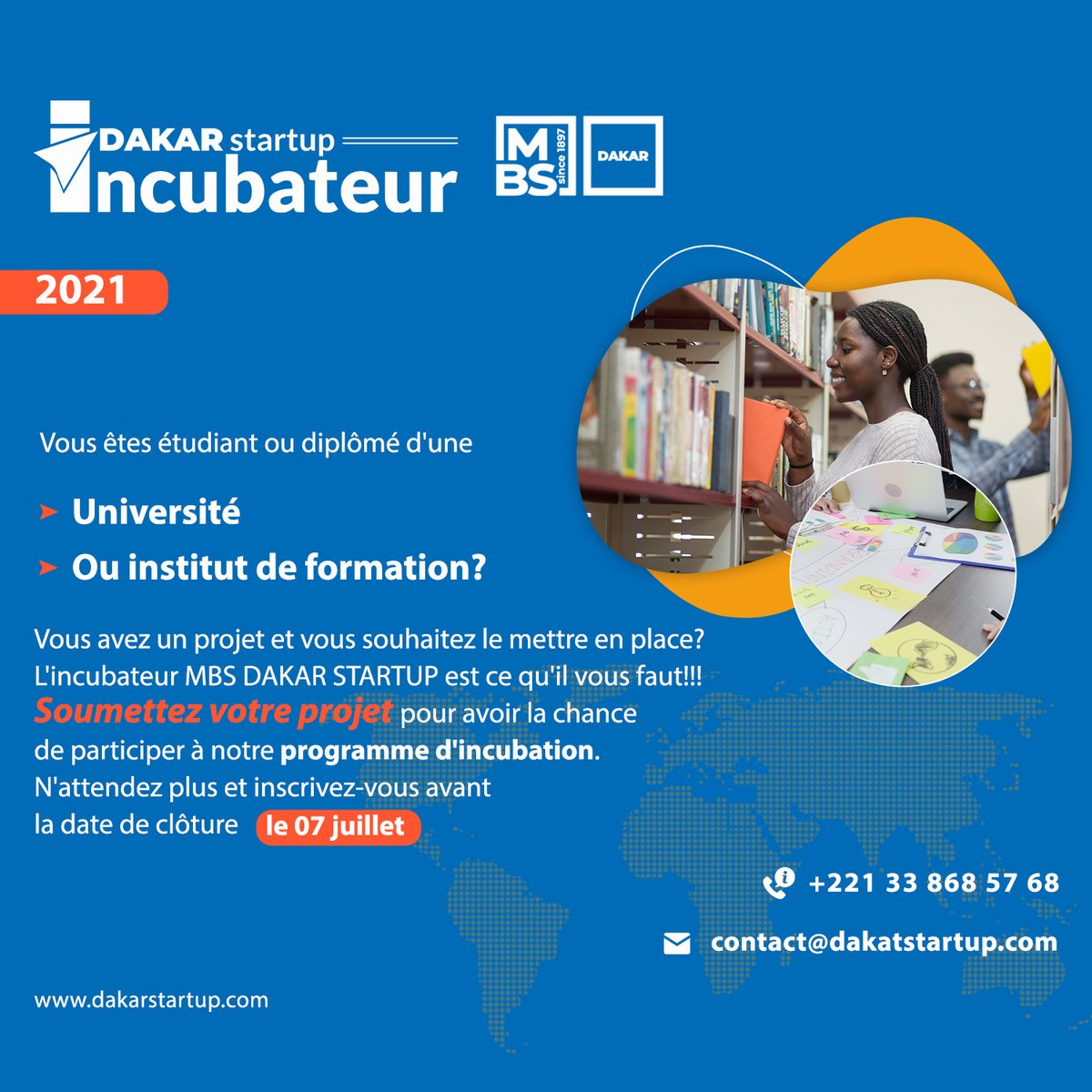 AfridevG's tweet photo. Etudiant ou diplômé? 
Vous avez  un projet et voulez le mettre en place ?
L'incubateur MBS Dakar startup est ce qu'il vous faut!!! Participer à notre programme d'incubation en vous inscrivant sur le site https://t.co/DHXFUepcgA
Date limite : 7 JUILLET
Plus d'infos au 77 576 68 54 https://t.co/wsvNcyVcAn