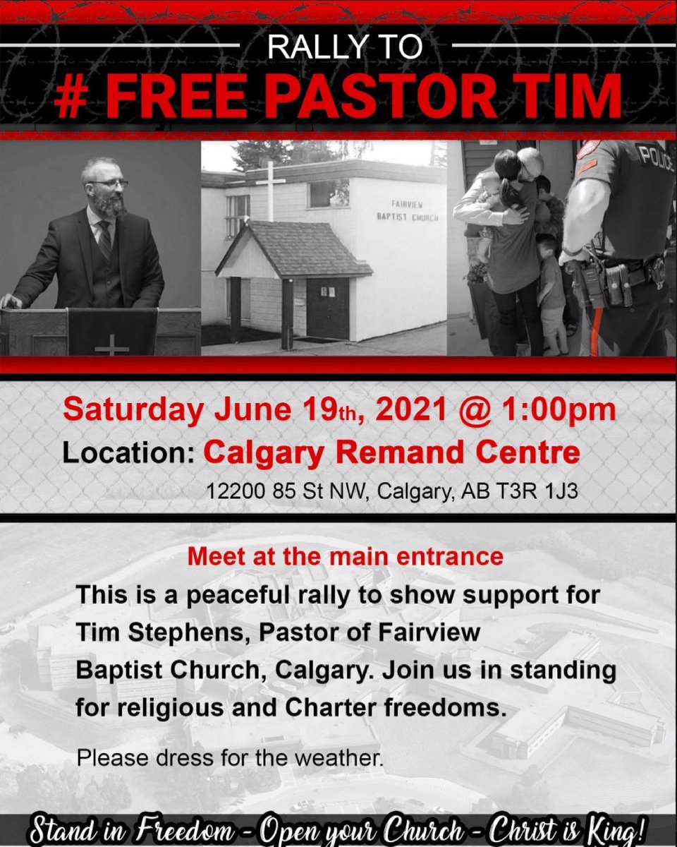 _LDCanada's tweet photo. A rally to #freepastortim is being held at Calgary Remand Centre this Saturday. If you’re in the area, please show your support for for pastor Tim and his family. #churchisessential #EndTheLockdown https://t.co/Gzww3dYKiq