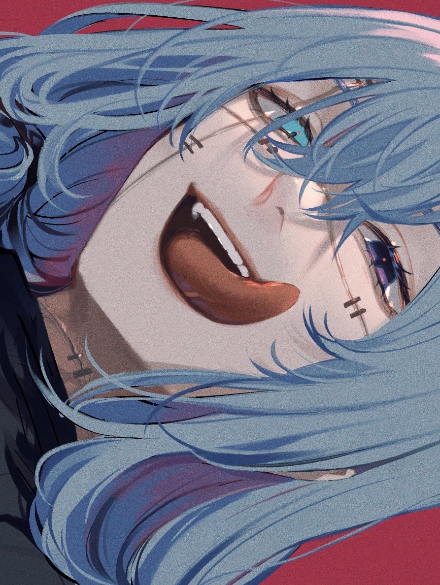 tongue solo tongue out male focus 1boy blue hair blue eyes  illustration images