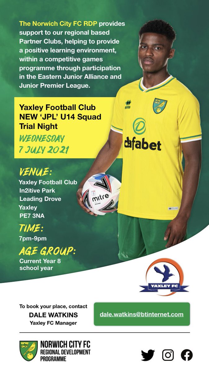 NorwichCityFD's tweet photo. Partner Club |  @yaxleyfc NEW U14 @jpluk squad for 21-22 are hosting a trial night this July! ⚽️

👇👇👇 https://t.co/sHfCWQKRAW