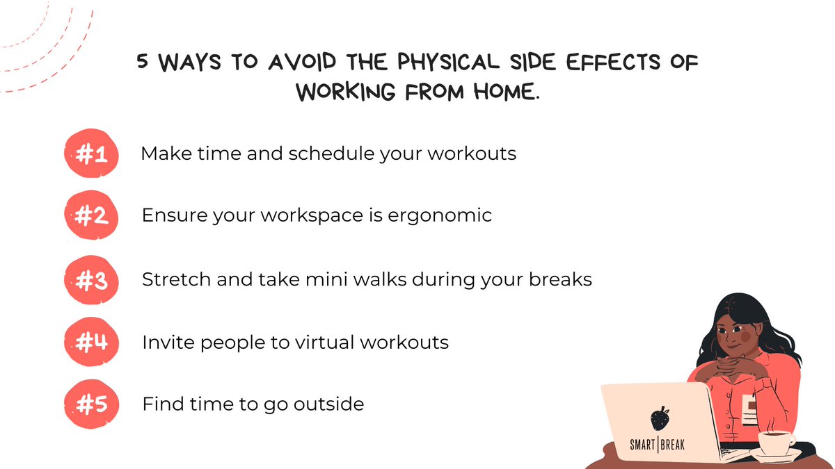 Have you noticed more aches &amp; pains since working from home? While remote work is convenient at times, it can pose health risk - such as:

💥back pain from poor posture
💥shoulder pain
💥 eye strain
💥 fatigue

Try these tips for better physical health! #health #physicalactivity