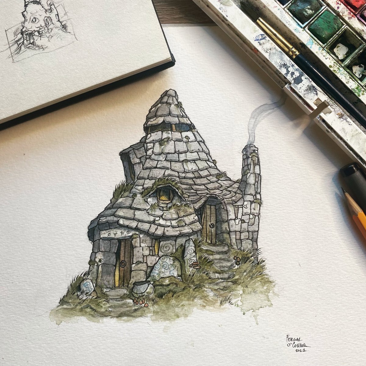 Fergal91's tweet photo. A witch’s hilltop hovel 🌙 🧙🦉 

Watercolours &amp; fineliner pens on watercolour paper✨ c:

#watercolor #illustration #magic #witch #hut #watercolorpainting #irishart https://t.co/m3CXiXBPUc