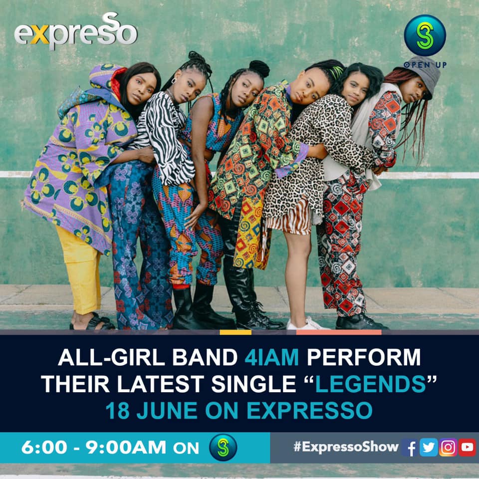 4iamHitchat's tweet photo. We will be performing our first single ‘Legends’ live tomorrow on the @expressoshow on @SABC3! Tune in between 6am &amp; 9am!📺 #4IAM #4IAMLegends https://t.co/wApB4337LW