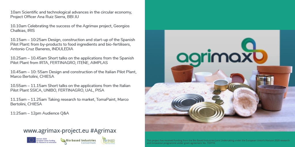 Agrimax_EU's tweet photo. Our line up of speakers is now confirmed as we showcase our Spanish &amp; Italian pilot plants &amp; the novel applications for the #food #packaging #farming sectors #Agrimax
📅20th July 2021, 10am - 12pm (CET) 
💻online📹the event will be recorded
➡️Register https://t.co/owVntBErur https://t.co/1qnEentkrV