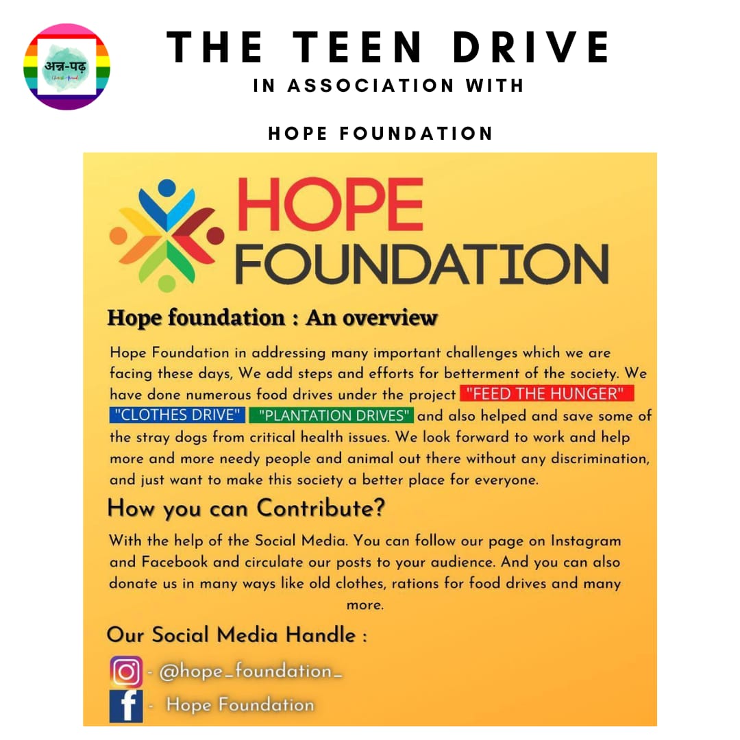 AnnPadh's tweet photo. Thank you @hope_foundation_ for associating with us.
 @hope_foundation_ will tell you about the numerous projects we have done i.e."FEED THE HUNGER", "CLOTHES DRIVE" and "PLANTATION DRIVE". We have also rescued stray dogs from critical health issues. 
.
#teamannpadh #youthforgood https://t.co/Bq4sLuyMYW