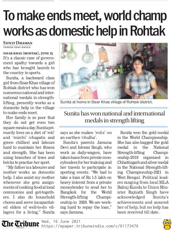 baxiabhishek's tweet photo. Sunita, a gold medalist in strength lifting at the World Championship, works as a domestic help to make ends meet. This is terrible! https://t.co/KWSzXLdRL2