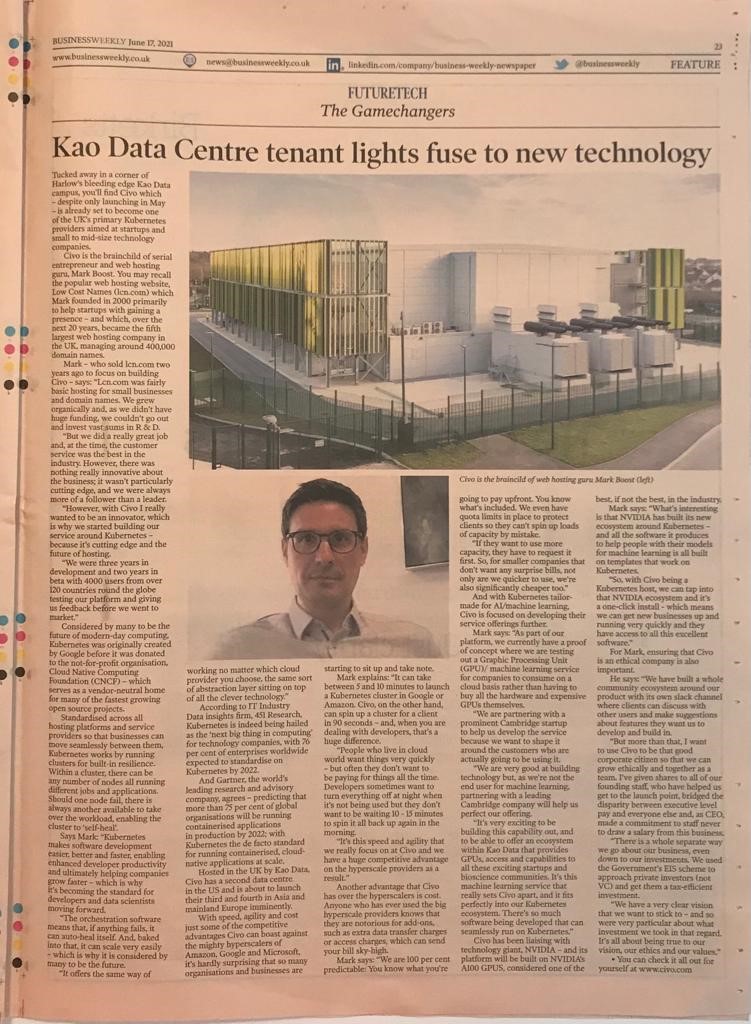 KaoDataDC's tweet image. Great interview with @CivoCloud CEO @markboost in @businessweekly newspaper today discussing the #Kubernetes ecosystem Civo is offering within @KAODATA_UK & the unique #machinelearning service being developed for #startups #KaoinCambridge #AI #HPC #Cambridge #Innovation #cncf