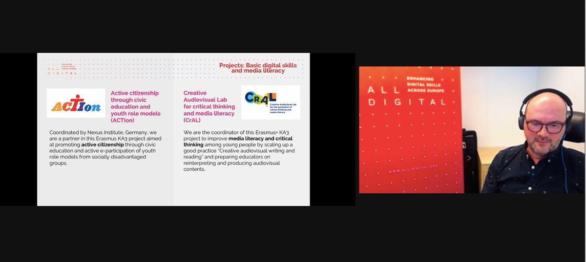 daissy_research's tweet photo. Via @AllDigitalEU
ℹ️ On May 21 AllDigital CEO Peter Palvolgyi presented #CrALproject and #ACTIonEUproject at the @lllplatform online debate on Digital and media literacy for active citizenship at EU level.
#medialiteracy #creativelabs #criticalthinking #youthparticipation https://t.co/XDKz7HPB5H