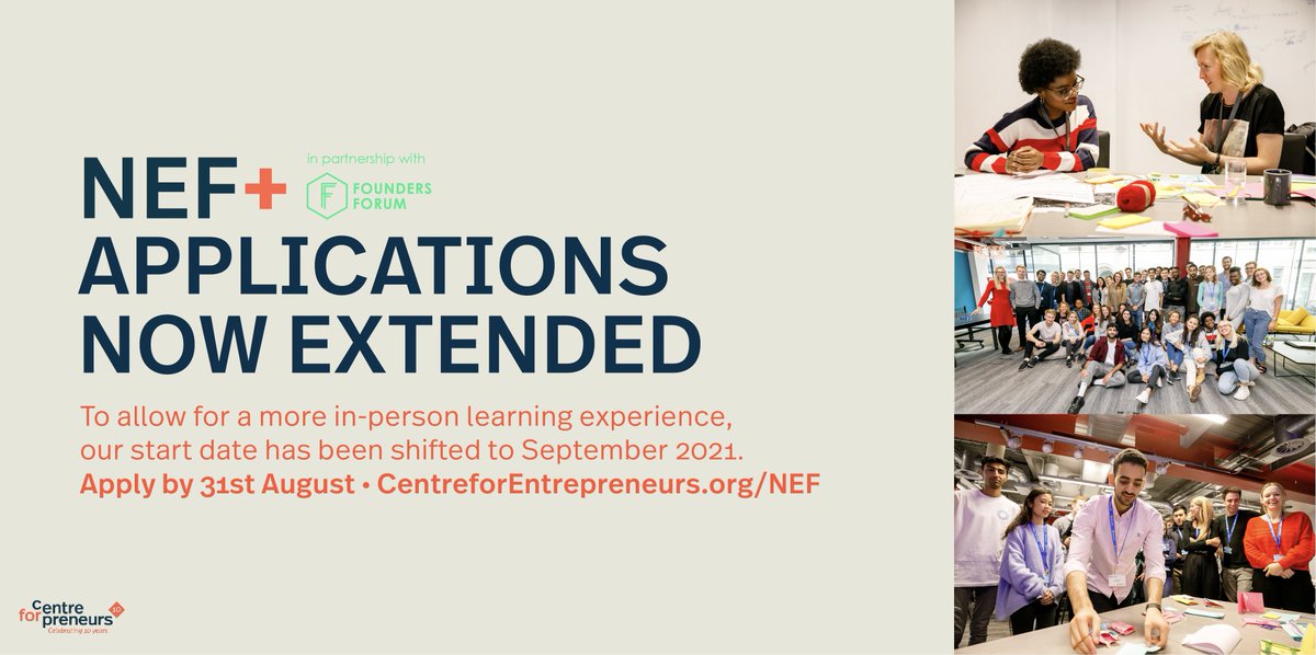 Great news: Applications for our upcoming NEF+ in partnership with Founders Forum programme have been extended to 31st August!

Apply by: 31st Aug
Programme starts: 17th Sep 2021

centreforentrepreneurs.org/nef/